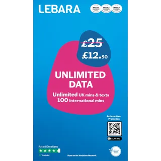 Lebara Mobile SIM-Karte mit unbegrenztem Datentarif für 12,50 £, halber Preis für die ersten 3 Monate, kein Vertrag, UK-Anrufe, SMS, internationale Minuten, EU- und Indien-Roaming inklusive