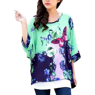 JLTPH Chiffon Böhmen Blusen Damen Boehmen Blumen Bluse Chiffon Tunika Kaftan T-Shirt Poncho Fledermaus Batwing Damenbluse 3/4 Armel (Ohne Weste) (color31) - Einheitsgröße