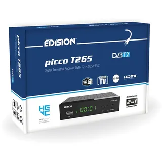 Edision Picco T265 Full HD H.265 HEVC terrestrischer FTA Receiver T2, (1x DVB-T2, USB, HDMI, SCART, S/PDIF, IR Auge, USB Support, 2in1 Fernbedienung, Schwarz)