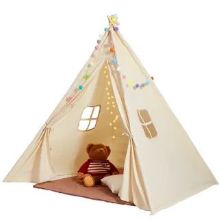 Vevor Spielzelt Kinder, Tipi-Zelt für Kinder 1–5 Jahre, Kleinkinderzelt mit Matte und dekorativen Plüschbällen, Zelt für Kinder mit Fenstern für drinnen & draußen Beige