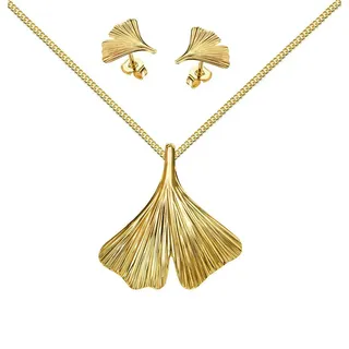JEVELION Schmuckset Anhänger Ginkgo mit 2x Ohrstecker 333 Gold - Made in Germany (Goldanhänger + Gold-Ohrschmuck, für Damen und Mädchen), Mit Kette vergoldet- Länge wählbar 36 - 70 cm oder ohne Kette.