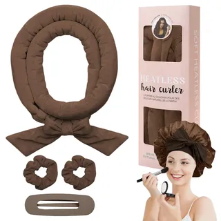 Locken Ohne Hitze Lockenwickler Über Nacht mit Schlafhaube Heatless DIY We Lockenband aus Samt rutschfest für mittellanges langes Haar (Braun)