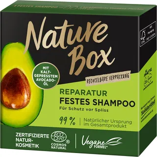 Nature Box festes Shampoo Reparatur (85 g), Reparatur-Shampoo mit Avocado-Öl repariert das Haar und schützt vor Spliss, recycelbare Verpackung