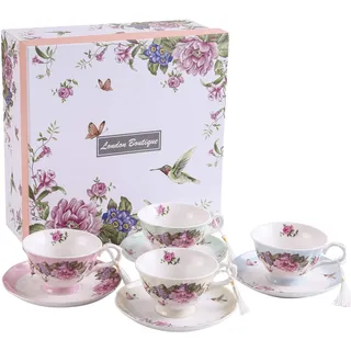London Boutique Teeservice aus Porzellan, Kaffeetassen/Teetassen mit Untertassen, Vogel-, Blumen- und Schmetterlingsmotive, 4-teiliges Set Geschenk-Box (4 Pastellfarben)
