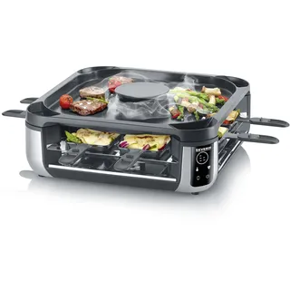 SEVERIN SEVENTO Raclette-Grill mit integriertem Umluft-Filter: weniger Rauch & Gerüche, Digital-Display, 8 Pfännchen & 8 Spatel, kratzfeste ILAG-Beschichtung, bis zu 230°C, 1900 W, schwarz, RG 2350