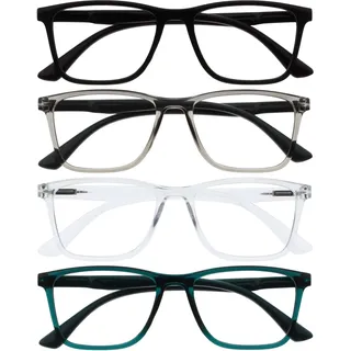 OPULIZE NYX Blaulichtfilter Lesebrille für Damen Herren - Blendfreie UV400-Schutz Federscharnier Anti-Müdigkeit - 4er-Pack - Rechteckiger Rahmen - Schwarz Grau Klar Türkis - + 3,00