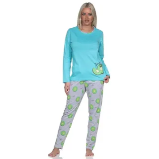 normann Damen Schlafanzug Langarm Pyjama mit Pyjamahose in coolem Allover Print, Farbe:türkis, Größe:40-42 - 40-42