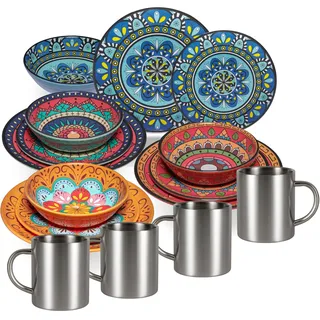 Melamin Geschirr Set Toskana für 4 Personen - 12 Teile - BUNT - mit Edelstahl Thermo Tassen Mandala-Optik Spülmaschinengeeignet Essgeschirr Campingzubehör Campinggeschirr Wohnwagen Camping