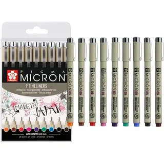 SAKURA Pigma Micron 05 Fineliner-Set mit 9 Farben | wasserfeste Tinte, Größe 05 (0,45 mm) | Stifte zum Schreiben, Zeichnen und Tagebuch führen