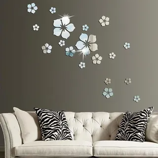 MWUMRCM Wandaufkleber,18 Stück Wandtattoo Acryl Blumen Schmetterlinge 3D Spiegel Wandaufkleber Wanddeko Silber Wand Aufkleber für Wohnzimmer Schlafzimmer Badezimmer Büro