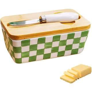 Butterdose Keramik mit Holzdeckel Dichtung und Buttermesser, Butterglocke Bunt Vintage für 300g Butter, Butterbehälter Große Butterschale Porzellan Butterbox Spülmaschinenfest (A)
