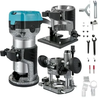 Vevor Einhand Holz Oberfräse 710 W, Electrik Hand Holz Oberfräse 33000 U / min, Feste Basis, Neigungsbasis, Tauchbasis, 3 Spannzangen, 6,35 / 6 / 8 mm Inkl., Kurvenführung, Kantenfräse