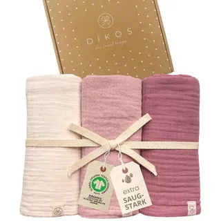 DIKOS® Baby Mulltücher 3er Premium Set – 64x64cm – weiche & saugstarke Spucktücher aus Bio-Baumwolle (GOTS, Oeko-TEX) – Musselintücher in Creme, Altrosa & Beere – Geschenk für Baby Mädchen zur Geburt