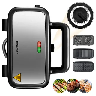 HOUSNAT Waffeleisen 3 in 1, Sandwichmaker, Kontaktgrill, Sandwichtoaster - 1200W mit 5-Gang Temperaturregelung- für Belgische Waffel, Antihaftbeschichtung, Perfekt für Frühstück, Camping und mehr