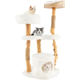 SOARS Kratzbaum Holz, Katzenbaum mit 3 natürlichen Birnbaumstämmen, Katzenhöhle & Plüschflächen, Katzenkratzbaum mit handgeflochtenes Katzenbett & Juteseil, Katzenmöbel, mehrstöckig, 48 x 48 x 124cm