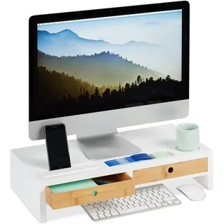 Relaxdays Monitorständer, 2 Schubladen, PC Erhöhung für Schreibtisch, Bambus & MDF, HBT: 12 x 55,5 x 27 cm, weiß/Natur,