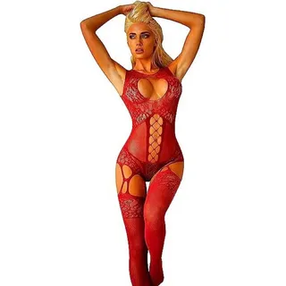 COOL-i ® Kurzarmbody Damenunterwäsche aus Spitze, transparent, sexy Babydoll-Dessous rot