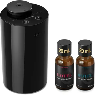 Airversa AN6 Kit Wasserloser Aroma Diffuser kabellos tragbar, Schwarz | 2x20 mL Hotel-Duftöl inkl., USB wiederaufladbar, 3 Countdown-Timer, 3 Nebelstufen, bis ca. 56 m2, für Haus, Auto, Büro
