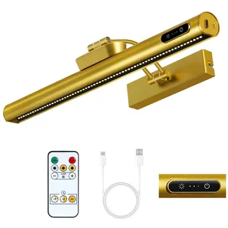 OUTON 40cm Bilderleuchte Kabellos Wiederaufladbar mit Fernbedienung+Touch, LED-Akku-Wandleuchte Bildbeleuchtung, Dimmbar 3-Farb Timer, 4000mAh USB-C-Aufladbar, Wandlampe für Gemälde Spiegel – Gold