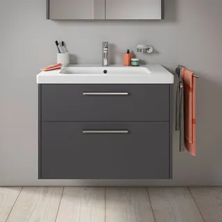 Duravit D-Code Waschtischunterschrank 80 cm mit Keramikwaschtisch, mit 2 Auszügen, Griff chrom, Badmöbel,