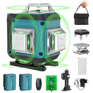 【Pulsmodus】Kreuzlinienlaser Grün 16 Linien 4x360° mit Pulsmodus, Selbstnivellierende Laser Wasserwaage, Linienlaser Baulaser für Innenbereich & Baustelle, 2 x 2400mAh Akku