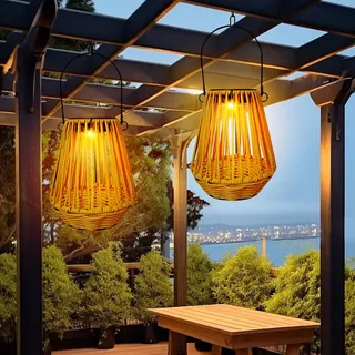 Solar Lampion Outdoor Solar Laterne Wasserdichte Solarlaterne,Vintage Boho Rattan Hängelampe Gartenleuchten Draußen,Solarlampen Außen Lampions Wetterfest für Balkon Garten Deko (2,LED-Glühbirne)