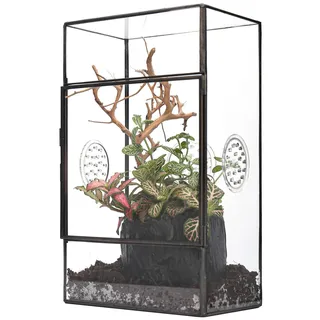 NCYP Rechteckiges Glas Terrarium mit Seitentür und DREI Belüftungslöchern handgefertigt, 13x10x23cm Schwarzes geometrisches Terraium für kleine Insekten Haus Garten Dekoration (nur Terrarium)