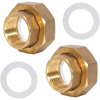 2 Stück Pumpenverschraubung DN 25 × DN 15, Messing Verschraubung Hahnverlängerung Heizungspumpe Flachdichtung mit 2 Dichtungsring, Dichtungen für Umwälzpumpe