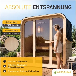 ARTSAUNA® Cube Fasssauna Fjora M Natur - Panorama-Sicherheitsglas Front, komfortable Bank mit Trittstufen, 3,6 kW Ofen, Outdoor Sauna Komplettset für 3 Personen