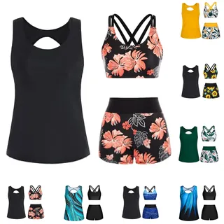 LNNGNIA Badebekleidung für Damen 3-teiliger Tankini Damen Bauchweg, Push up Bikinioberteil und High Waist Shorts, Sport Badebekleidung, Sommer Badeanzug mit Cups, Swimsuits for Women, Bademode - XL