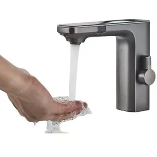 Intelligente Sensor-Badarmatur, LED-Temperaturanzeige, Warm-Kalt-Mischer, wassersparendes Design, grau - Grau