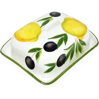 Lashuma Butterdose aus Italienischer Keramik im Zitronen - Oliven Design, Butterbox Größe 18x14 cm
