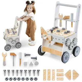 Mamabrum Lauflernwagen 3-in-1-Walker aus Holz, Holzspielzeug für motorische Entwicklung beige|grau