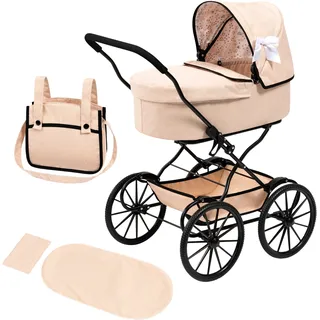 Puppenwagen BAYER "nostalgisch, mit Schleife", beige (schleife beige), Puppenwagen, KinderB:44,5cm H:80cm T:67cm, Kunststoff, Metall, Polyester, inklusive Umhängetasche, B:44,5cm H:80cm T:67cm