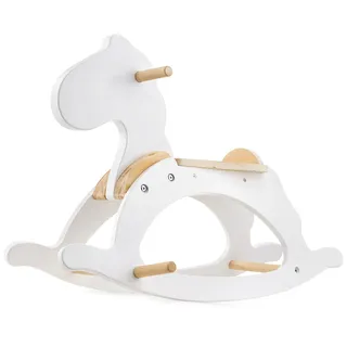 Mamabrum Schaukelpferd Holz Klassisch - Kinder Schaukeltier ab 1 Jahr - Weiß mit Holzgriffen & Fußstützen - 70x47cm Schaukelspielzeug - bis 50kg belastbar