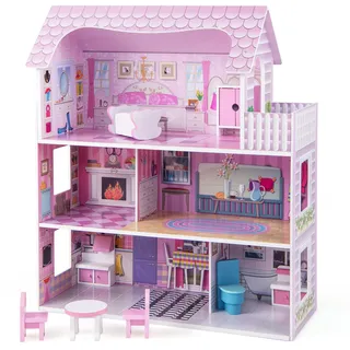 Costway Puppenhaus 3-stöckig rosa