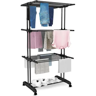 vonia Wäscheturm mit Rollen – schwarzer Wäscheständer aus Metall, 3 Ebenen & 6 klappbare Flügel, 72 x 50 x 172 cm – platzsparend, mobil & stabil für Innen- und Außenbereich