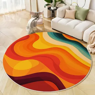 GDJSMIN Abstraktes Liniendesign Maschinenwaschbarer Runder Teppich–Weich Pflegeleicht Mit Buntes Wellenmuster Print-Muster, Anti-Rutsch Teppich Für Wohnzimmer Und Küche,140Cm,Orange Farbe
