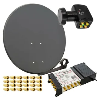 PremiumX Satelliten-Komplettanlage 80cm Satellitenschüssel Multischalter 5-8 Multiswitch Quattro LNB 24x Stecker SAT 8 Teilnehmer