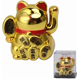 Mumusuki Winkekatze, Solarbetriebene Niedliche Glückskatze Maneki Neko Winkearm für Glück und Reichtum, Neko Winke Katze Chinesische für die Dekoration, Glücksbringer, Geschenke (Golden)