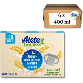 Alete bewusst Abend-Milch-Getreide-Mahlzeit Mehrkorn, ab dem 10. Monat, trinkfertige Babynahrung mit Vollkornhafer, Ersatz zu Babybrei, warm oder kalt trinken, 6 x 400 ml (2 x 200 ml)