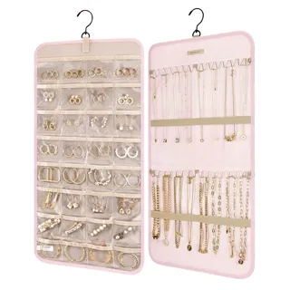 bagsmart Schmuck-Organizer zum Aufhängen, Aufbewahrungsrolle mit Aufhänger, Metallhaken, Doppelseitiger Schmuckhalter für Ohrringe, Halsketten, Ringe an Schrank, Wand, Tür, 1 Stück, groß, Rosa