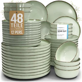 Steingut Geschirrset 12 Personen Rustic 48 tlg. TESTSIEGER, Hochwertiges Landhaussttil Steingut Geschirr Set, Schüssel- und Teller Set, Tafelservice 12 Personen, Geschirrsets Pure Living in Mintgrün