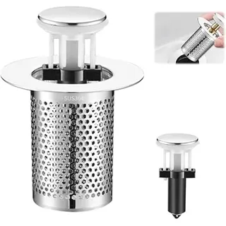 Bodenablauf Filter aus Edelstahl, Pop Up Abflussstopfen mit Sieb, Abflusssieb Waschbecken Bodenablauffilter für Badezimmer, Badewanne und Küche, Rostfreie für Saubere Abflüsse (A-Kurzer Kern)