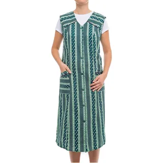 Tobeni Damen Kittelschürze Knopf-Kittel lang in 100% Baumwolle ohne Arm mit Taschen Farbe Design 38 Grösse 42 - 42