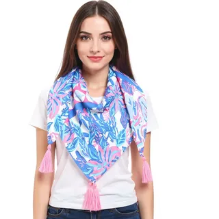 ZWILLINGSHERZ Hawaii Blume Vierecks-Tuch mit Blumen und Ornamenten Mode-Tuch 3016Q-2907-84 Blau/Pink/Bunt - One-Size