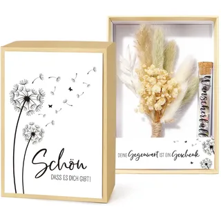 BOFUNX Schön dass es Dich gibt Geldgeschenk Wunscherfüller Geschenk Inklusive Geschenkbox Grußkarte Trockenblumen Deko Reagenzglas für Frauen Freundin Lieblingsmensch Geburtstag Hochzeit