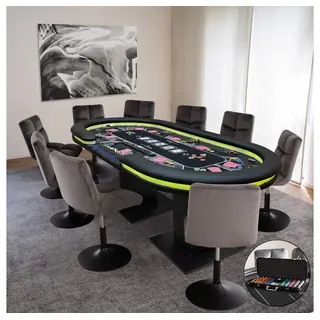 Home Deluxe - Pokertisch Flush - inkl. 6 Stühlen, Pokerkoffer, mit LED Beleuchtung und Getränkehalter, für bis zu 9 Personen I Spieltisch Poker Tisch