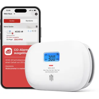 X-Sense Smart Kohlenmonoxid Melder XC0C-iR, TÜV Rheinland Zertifiziert, Stummschaltung per App, CO Melder mit LCD-Digitalanzeige, Kohlenmonoxidmelder mit austauschbarer Batterie, 1 Stück