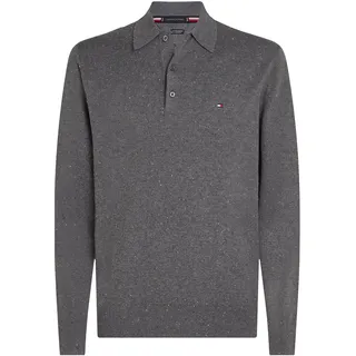 Polokragenpullover TOMMY HILFIGER "PIMA ORG CTN CASHMERE LS", Herren, Gr. S, grau (medium grau heather), Strick, Obermaterial: 92% Baumwolle, 8% Kaschmir, regular fit, Pullover, Flag-Stickerei auf Brust